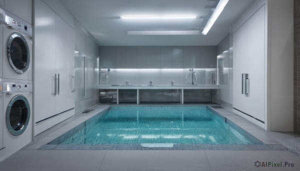 indoors,water,no humans,window,scenery,reflection,door,tiles,tile floor,bathroom,tile wall,toilet,locker,ceiling,hallway,sink,ceiling light,faucet,reflective floor,washing machine,pool,speaker