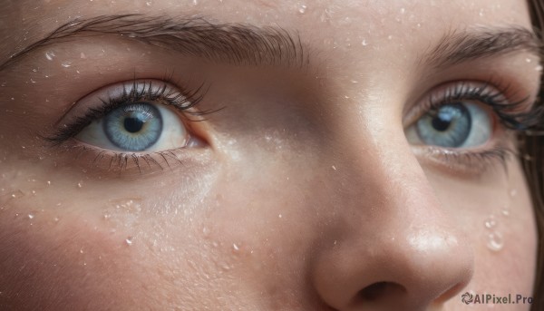 1girl, solo, looking at viewer, blue eyes, brown hair, sweat, eyelashes, close-up, realistic, eye focus