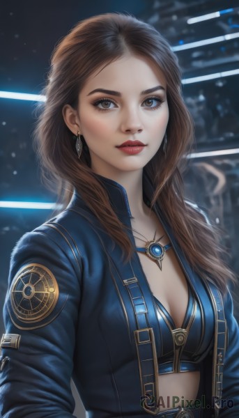 1girl,solo,long hair,breasts,looking at viewer,blue eyes,brown hair,cleavage,brown eyes,jewelry,medium breasts,closed mouth,underwear,jacket,upper body,earrings,open clothes,belt,necklace,bra,blurry,open jacket,lips,eyelashes,makeup,blurry background,lipstick,blue jacket,forehead,eyeshadow,realistic,nose,red lips,denim jacket,artist name,signature,pendant,emblem