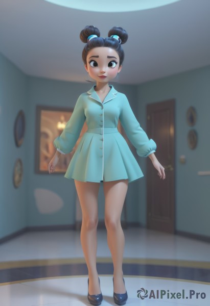 1girl,solo,looking at viewer,blush,smile,short hair,skirt,black hair,hair ornament,long sleeves,dress,brown eyes,closed mouth,standing,full body,shoes,puffy sleeves,indoors,dark skin,hair bun,black footwear,blurry,black eyes,dark-skinned female,lips,bare legs,double bun,buttons,blurry background,blue dress,short dress,child,door,female child,aqua skirt,aqua dress,breasts,brown hair