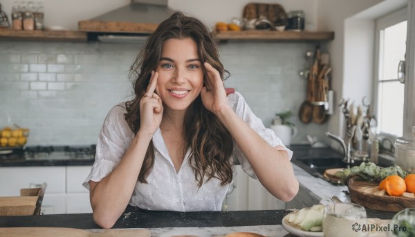 1girl,solo,long hair,looking at viewer,smile,blue eyes,brown hair,shirt,black hair,jewelry,white shirt,upper body,short sleeves,food,teeth,collared shirt,indoors,grin,blurry,lips,hands up,fruit,depth of field,blurry background,table,ring,knife,plate,realistic,orange (fruit),kitchen,vegetable,sink,cutting board,onion,cup,window,basket