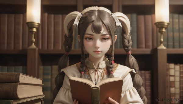 1girl,solo,long hair,looking at viewer,bangs,brown hair,hair ornament,long sleeves,dress,ribbon,holding,twintails,brown eyes,closed mouth,hair ribbon,upper body,braid,indoors,white dress,blurry,twin braids,lips,book,neck ribbon,depth of field,blurry background,holding book,open book,realistic,nose,bookshelf,reading,candle,book stack,library