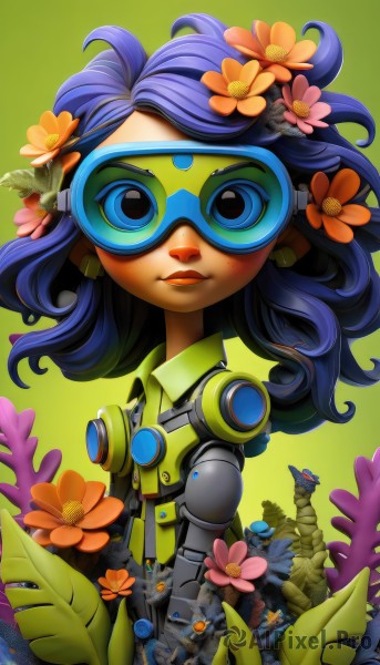 1girl,solo,looking at viewer,blue eyes,hair ornament,jewelry,blue hair,upper body,purple hair,flower,earrings,hair flower,lips,makeup,lipstick,goggles,freckles,black hair,leaf,plant,robot,science fiction,green background,cyborg