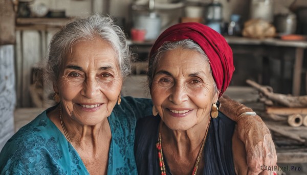 1girl,looking at viewer,smile,multiple girls,1boy,brown eyes,jewelry,upper body,white hair,grey hair,earrings,teeth,indoors,necklace,grin,blurry,bracelet,blurry background,realistic,head scarf,old,old man,arm around shoulder,old woman,wrinkled skin,2girls,hair bun,makeup,depth of field,single hair bun,lipstick,portrait,hand on another's shoulder,red lips