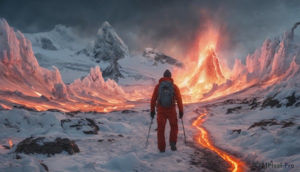 solo, gloves, 1boy, holding, standing, weapon, outdoors, sky, bag, from behind, backpack, fire, scenery, snow, 1other, mountain, ambiguous gender, molten rock, astronaut