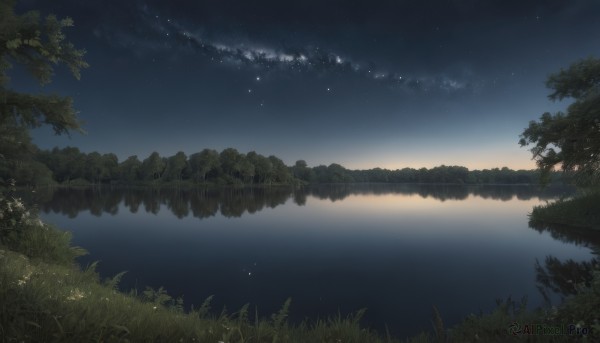 outdoors,sky,cloud,water,tree,no humans,night,grass,plant,star (sky),nature,night sky,scenery,forest,starry sky,reflection,river,lake,horizon,landscape