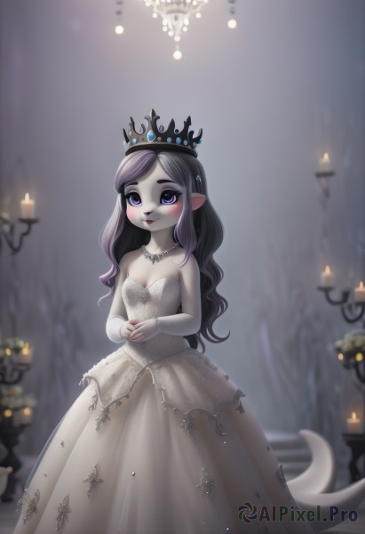 1girl,solo,long hair,breasts,looking at viewer,blush,smile,blue eyes,black hair,dress,cleavage,bare shoulders,jewelry,closed mouth,standing,purple eyes,tail,purple hair,grey hair,small breasts,pointy ears,necklace,nail polish,white dress,blurry,strapless,makeup,depth of field,blurry background,colored skin,own hands together,tiara,crown,monster girl,pale skin,strapless dress,wedding dress,long dress,candle,grey skin,pearl necklace,gloves,medium breasts,collarbone,multicolored hair,artist name,indoors,white gloves,gradient hair,wavy hair,ring,veil,bridal gauntlets,wedding ring,bridal veil,bride,candlestand,chandelier