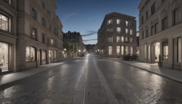 outdoors,sky,day,cloud,tree,blue sky,no humans,window,night,ground vehicle,building,star (sky),night sky,scenery,motor vehicle,city,door,car,road,house,lamppost,street,pavement,vanishing point,sidewalk,sunset,light,lights,sunrise