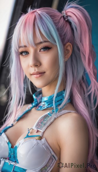 1girl,solo,long hair,breasts,looking at viewer,smile,bangs,blue eyes,cleavage,bare shoulders,twintails,jewelry,medium breasts,underwear,blue hair,upper body,pink hair,multicolored hair,earrings,parted lips,bra,blurry,two-tone hair,two side up,lips,grey eyes,makeup,realistic,nose,small breasts,choker,artist name,eyelashes,science fiction