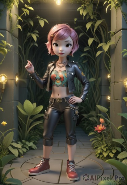 1girl,solo,looking at viewer,short hair,shirt,hair ornament,long sleeves,navel,brown eyes,jewelry,standing,jacket,full body,pink hair,flower,open clothes,shoes,hairclip,midriff,belt,pants,necklace,bracelet,open jacket,lips,black jacket,crop top,hand on hip,makeup,swept bangs,chain,leaf,black pants,ring,plant,denim,lipstick,red footwear,sneakers,pendant,cropped jacket,jeans,tiles,leather,tile floor,no socks,leather jacket,capri pants,pavement,denim jacket,leather pants,breasts,cleavage,cable