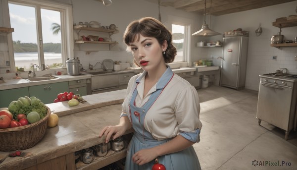 1girl,solo,looking at viewer,short hair,bangs,skirt,brown hair,shirt,holding,brown eyes,jewelry,standing,white shirt,earrings,parted lips,food,day,collared shirt,indoors,hair bun,mole,apron,tree,lips,blue skirt,window,makeup,fruit,single hair bun,knife,lipstick,sleeves rolled up,apple,basket,red lips,holding knife,kitchen,tomato,vegetable,frying pan,sink,counter,stove,potato,kitchen knife,cutting board,onion,breasts,dress,upper body,sky,artist name,signature,black eyes,cup,blue dress,sunlight,scenery,bowl,realistic,tiles,ladle,jar,banana,faucet,cabinet,kettle