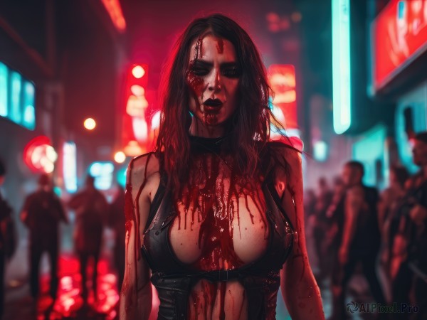 1girl,long hair,breasts,looking at viewer,large breasts,black hair,cleavage,bare shoulders,medium breasts,upper body,outdoors,multiple boys,solo focus,blurry,lips,blood,makeup,depth of field,blurry background,lipstick,blood on face,city,realistic,blood on clothes,blood splatter,crowd,death,cyberpunk,black lips,neon lights,solo,wet,bodysuit,night,facing viewer,rain,red lips