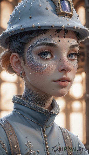 1girl,solo,looking at viewer,short hair,blue eyes,black hair,hat,jewelry,upper body,earrings,parted lips,artist name,necklace,hair bun,blurry,black eyes,lips,grey eyes,eyelashes,tattoo,depth of field,blurry background,facial mark,single hair bun,gem,portrait,zipper,freckles,realistic,nose,mole on cheek,blue headwear