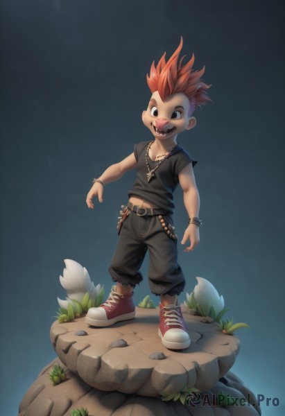 solo,looking at viewer,smile,short hair,open mouth,shirt,1boy,navel,jewelry,standing,full body,flower,male focus,red hair,multicolored hair,shoes,teeth,belt,pants,necklace,black eyes,bracelet,black shirt,chain,fangs,blue background,black pants,grass,spiked hair,t-shirt,red footwear,sneakers,child,furry,black belt,rock,furry male,male child,mohawk,faux figurine,brown eyes,orange hair,sharp teeth,spikes,spiked bracelet