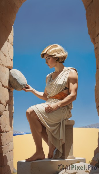 1girl,solo,short hair,blue eyes,blonde hair,dress,holding,jewelry,sitting,closed mouth,full body,earrings,outdoors,sky,barefoot,day,white dress,from side,blue sky,lips,muscular,toes,ocean,robe,rock,nose,sand,muscular female,very short hair,pillar,desert,greek clothes,water,sash,parody,realistic,tunic,fine art parody