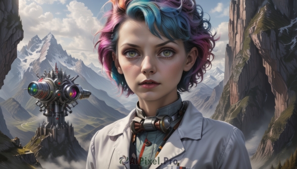 1girl,solo,looking at viewer,blush,short hair,shirt,brown eyes,green eyes,blue hair,yellow eyes,upper body,pink hair,multicolored hair,outdoors,parted lips,sky,day,artist name,cloud,signature,two-tone hair,blue sky,lips,makeup,cloudy sky,robot,lipstick,goggles,messy hair,freckles,science fiction,pink lips,mountain,realistic,nose,camera,labcoat,bangs,purple hair,teeth,coat,eyelashes,scenery,landscape,goggles around neck