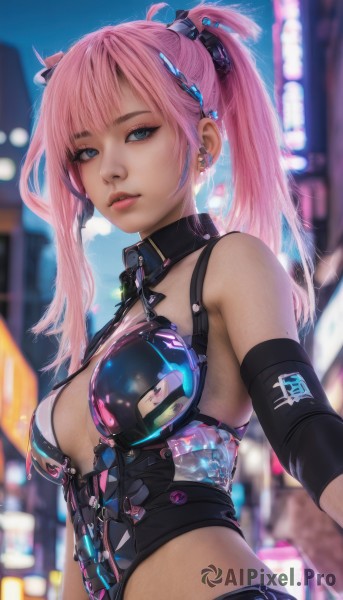 1girl,solo,long hair,breasts,looking at viewer,bangs,blue eyes,hair ornament,navel,cleavage,bare shoulders,twintails,jewelry,medium breasts,upper body,pink hair,earrings,outdoors,parted lips,midriff,blurry,lips,blurry background,piercing,ear piercing,science fiction,realistic,ponytail,detached sleeves,sky,artist name,signature,from side,leotard,eyelashes,makeup,night,depth of field,building,eyeshadow,city,cyberpunk,neon lights