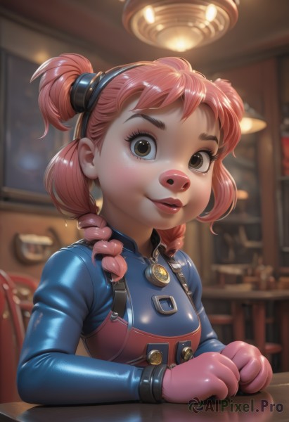 1girl,solo,looking at viewer,smile,gloves,twintails,brown eyes,upper body,pink hair,braid,hairband,parted lips,shiny,artist name,indoors,medium hair,blurry,twin braids,flat chest,lips,bodysuit,blurry background,table,child,freckles,female child,latex,pink gloves,blue bodysuit,breasts,short hair,bangs,eyelashes,short twintails,goggles,goggles on head,realistic,nose,hair tie