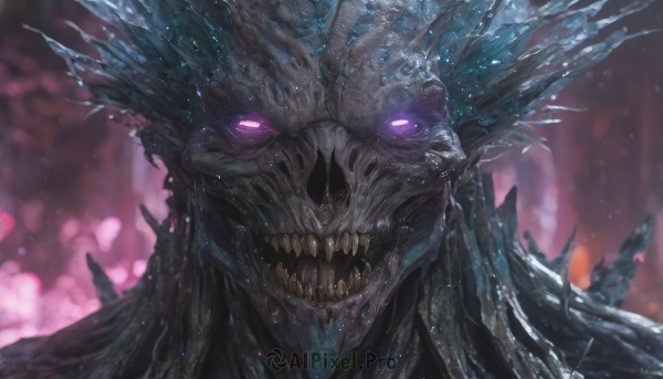 solo,looking at viewer,open mouth,purple eyes,teeth,blurry,no humans,blurry background,glowing,fangs,sharp teeth,glowing eyes,spikes,monster,scales,white eyes,kaijuu,pink eyes,saliva,portrait,extra eyes