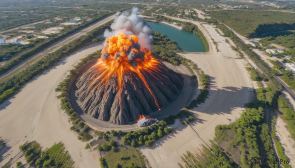 outdoors,sky,day,cloud,water,tree,no humans,from above,fire,ground vehicle,building,nature,scenery,motor vehicle,smoke,monster,car,road,watercraft,explosion,ruins,river,destruction,overgrown,molten rock,ocean,aircraft,military vehicle,landscape