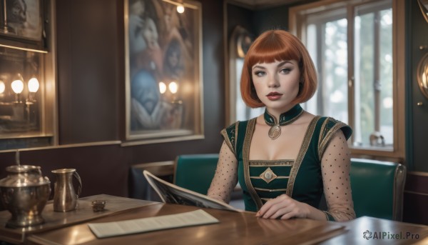 1girl,solo,breasts,looking at viewer,short hair,bangs,brown hair,long sleeves,dress,cleavage,brown eyes,jewelry,medium breasts,sitting,upper body,choker,indoors,blunt bangs,blurry,cup,lips,window,makeup,detached collar,depth of field,chair,table,bob cut,lipstick,green dress,realistic,red lips,lamp,blue eyes,parted lips,see-through,freckles,painting (object),portrait (object)