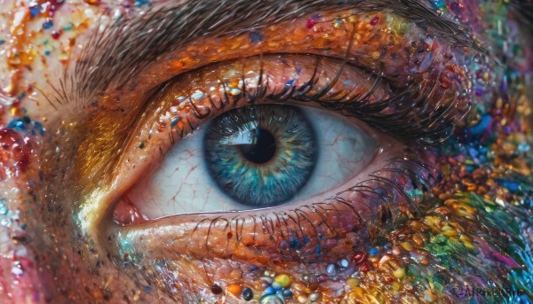 1girl,solo,looking at viewer,bangs,blue eyes,black hair,1boy,blurry,lips,eyelashes,depth of field,blurry background,gem,portrait,close-up,1other,reflection,ambiguous gender,eye focus,brown hair,light particles,realistic,colorful