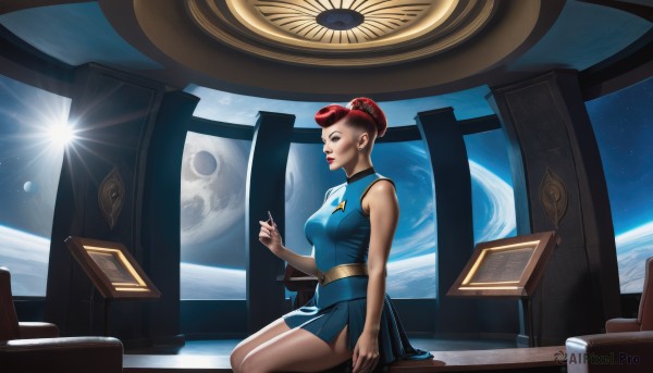 1girl,solo,breasts,short hair,skirt,dress,bare shoulders,medium breasts,sitting,red hair,sleeveless,hair bun,from side,lips,profile,makeup,blue dress,short dress,moon,single hair bun,nose,space,planet,earth (planet),jewelry,chinese clothes,science fiction,realistic,spacecraft