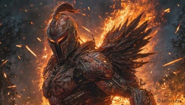 solo,1boy,upper body,weapon,male focus,outdoors,wings,sword,armor,blurry,tree,blood,night,glowing,helmet,fire,feathers,shoulder armor,gauntlets,1other,pauldrons,breastplate,knight,full armor,embers,burning,helm,plume