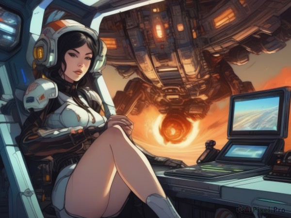 1girl,solo,long hair,breasts,looking at viewer,black hair,gloves,medium breasts,sitting,armor,black eyes,lips,bodysuit,helmet,robot,mecha,headset,science fiction,pilot suit,computer,monitor,spacecraft,spacesuit,cockpit,holographic interface,pilot,uniform,military,military uniform,realistic,nose