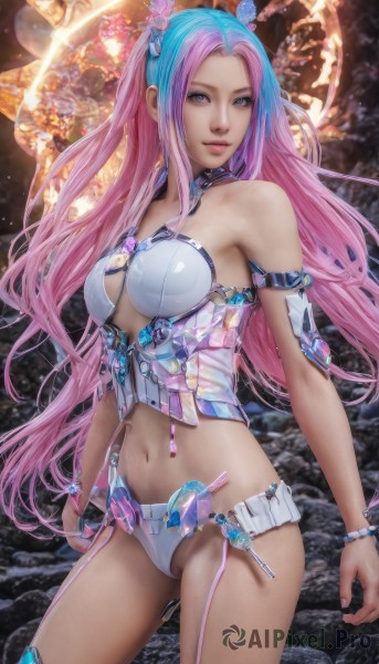 1girl,solo,long hair,breasts,looking at viewer,smile,bangs,blue eyes,hair ornament,thighhighs,navel,cleavage,bare shoulders,jewelry,medium breasts,very long hair,underwear,blue hair,standing,purple eyes,panties,pink hair,multicolored hair,cowboy shot,choker,midriff,bracelet,two-tone hair,lips,parted bangs,makeup,garter straps,armlet,realistic,bustier,swimsuit,bikini,pink eyes,watermark