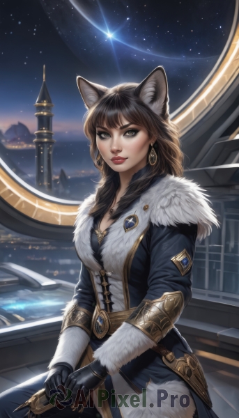 1girl,solo,long hair,breasts,looking at viewer,bangs,brown hair,black hair,gloves,long sleeves,animal ears,cleavage,brown eyes,jewelry,medium breasts,weapon,earrings,sky,black gloves,sword,artist name,cat ears,necklace,lips,coat,animal ear fluff,fur trim,makeup,night,star (sky),night sky,pendant,starry sky,hoop earrings,red lips,outdoors,medium hair,wolf ears,realistic,nose