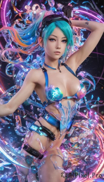 1girl,solo,long hair,breasts,looking at viewer,blue eyes,gloves,navel,cleavage,bare shoulders,jewelry,medium breasts,blue hair,collarbone,swimsuit,ponytail,bikini,multicolored hair,earrings,black gloves,belt,armpits,necklace,arm up,two-tone hair,lips,aqua hair,goggles,goggles on head,realistic,nose,underwear,bra,gradient hair,watermark,web address,fish,bubble