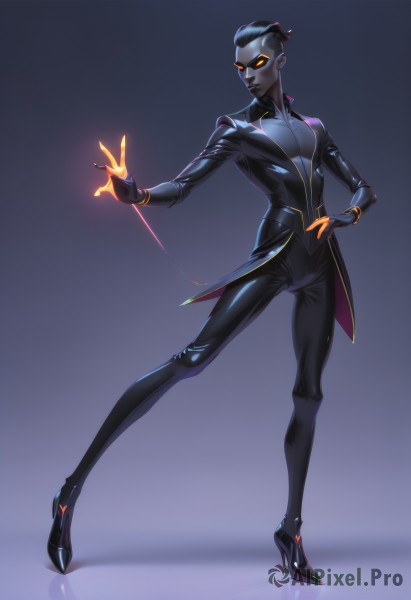 1girl,solo,breasts,looking at viewer,short hair,black hair,gloves,long sleeves,cleavage,jewelry,medium breasts,standing,collarbone,jacket,full body,yellow eyes,earrings,open clothes,alternate costume,shiny,pants,black footwear,high heels,open jacket,official alternate costume,black jacket,orange eyes,gradient,hand on hip,gradient background,bodysuit,glowing,colored skin,black pants,glowing eyes,black skin,widowmaker (overwatch),simple background,closed mouth,small breasts,shoes,dark skin,grey background,dark-skinned female,fingernails,alternate hairstyle,formal,suit,skin tight,zipper,long fingernails,legs apart,shiny clothes,long legs,high collar,stud earrings,very short hair,purple skin,orange nails,coattails,stiletto heels