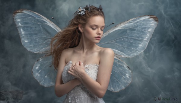 1girl, solo, long hair, brown hair, hair ornament, dress, bare shoulders, collarbone, closed eyes, upper body, flower, wings, white dress, lips, strapless, own hands together, strapless dress, realistic, fairy wings, hands on own chest, fairy, butterfly wings