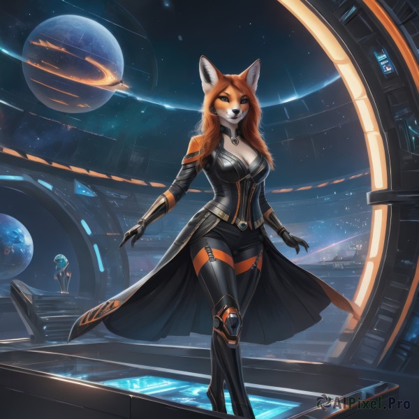 1girl,solo,long hair,breasts,looking at viewer,blue eyes,large breasts,thighhighs,animal ears,cleavage,jewelry,medium breasts,standing,tail,full body,pants,artist name,necklace,orange hair,fox ears,fox tail,watermark,black pants,crossed legs,furry,colored sclera,walking,science fiction,furry female,black sclera,space,planet,earth (planet),spacecraft,watson cross,gloves,boots,high heels,bodysuit,black bodysuit