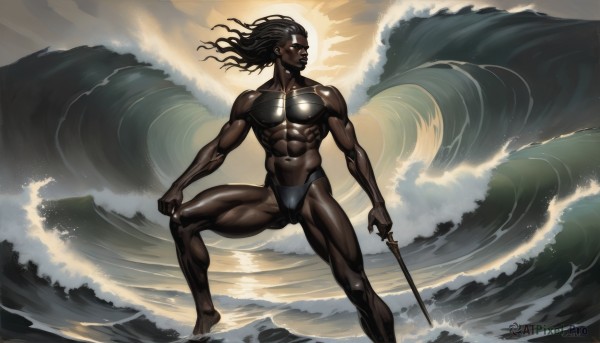 solo,long hair,black hair,1boy,holding,weapon,male focus,thighs,sword,dark skin,water,holding weapon,muscular,ocean,beach,thick thighs,holding sword,abs,dark-skinned male,muscular male,bulge,manly,male swimwear,waves,very dark skin,swim briefs,jewelry,closed mouth,standing,swimsuit,outdoors,barefoot,artist name,signature,looking to the side,floating hair,wind,dreadlocks