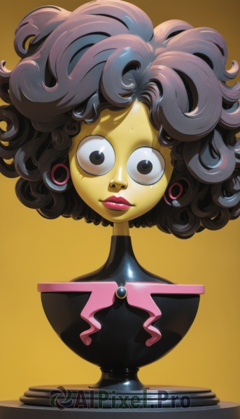 1girl,solo,looking at viewer,smile,simple background,black hair,full body,grey hair,black eyes,lips,pokemon (creature),no humans,makeup,colored skin,lipstick,yellow background,curly hair,wide-eyed,afro,yellow skin,short hair,brown hair,brown eyes,jewelry,multicolored hair,earrings,eyeshadow