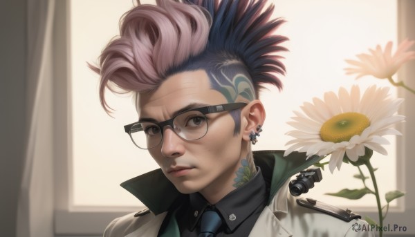 solo,looking at viewer,short hair,shirt,black hair,1boy,holding,brown eyes,jewelry,closed mouth,blue hair,jacket,upper body,pink hair,flower,male focus,multicolored hair,earrings,necktie,glasses,collared shirt,artist name,black eyes,two-tone hair,lips,black shirt,window,tattoo,piercing,formal,white jacket,suit,white flower,ear piercing,portrait,black-framed eyewear,blue necktie,realistic,holding flower,stud earrings,undercut,cyborg,mohawk,neck tattoo,nose piercing,lip piercing,1girl,coat,scar,backlighting,freckles,nose,round eyewear,facial tattoo,daisy