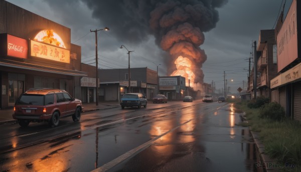 outdoors,sky,cloud,water,no humans,night,cloudy sky,grass,fire,ground vehicle,building,scenery,motor vehicle,smoke,reflection,rain,city,sign,car,road,explosion,vehicle focus,power lines,lamppost,street,utility pole,road sign,puddle,truck,burning