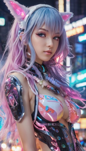 1girl,solo,long hair,breasts,looking at viewer,bangs,blue eyes,animal ears,cleavage,jewelry,medium breasts,blue hair,upper body,pink hair,multicolored hair,hairband,parted lips,cat ears,necklace,blurry,two-tone hair,lips,bodysuit,gradient hair,makeup,depth of field,blurry background,fake animal ears,headgear,headset,science fiction,realistic,nose,closed mouth,outdoors,artist name,looking to the side,grey eyes,eyelashes,headphones,piercing,robot,eyeshadow,pink lips,android,eyeliner,cyborg,bokeh,mascara,cyberpunk,neon lights,mechanical ears