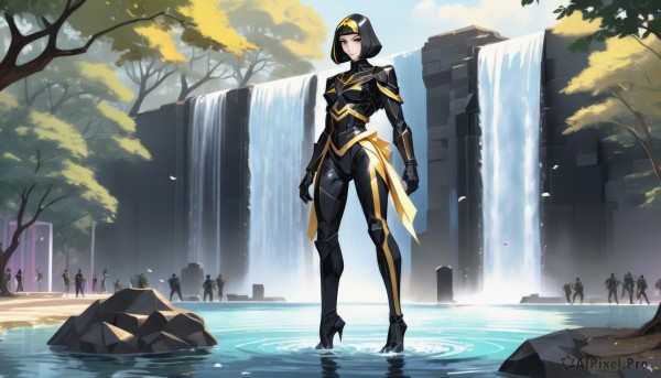 1girl,breasts,looking at viewer,blush,short hair,black hair,medium breasts,closed mouth,standing,full body,yellow eyes,outdoors,solo focus,day,water,armor,high heels,tree,bodysuit,science fiction,android,black bodysuit,waterfall,power armor,bangs,weapon,hairband,small breasts,boots,multiple boys,lips,petals,facial mark,bob cut,cherry blossoms,shoulder armor,gauntlets,skin tight,high heel boots,6+boys,pauldrons,circlet,rock,arms at sides,armored boots,yellow hairband,black armor,cliff