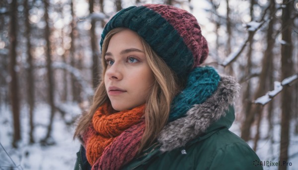 1girl, solo, long hair, blue eyes, blonde hair, hat, upper body, outdoors, scarf, blurry, tree, lips, coat, fur trim, blurry background, snow, freckles, realistic, beanie, winter clothes, winter