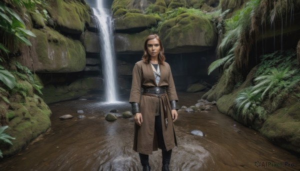 solo,long hair,looking at viewer,brown hair,long sleeves,1boy,jewelry,standing,male focus,boots,outdoors,belt,pants,water,necklace,tree,coat,facial hair,plant,nature,beard,rock,arms at sides,animification,waterfall,1girl,closed mouth,lips,headband,scenery,science fiction,realistic