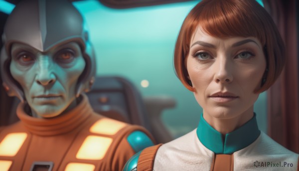 1girl,looking at viewer,short hair,bangs,brown hair,1boy,brown eyes,closed mouth,upper body,blurry,lips,blurry background,helmet,robot,portrait,freckles,science fiction,realistic,nose,pilot suit,alien,spacesuit,cockpit,signature,uniform,military,military uniform,facial hair,expressionless,reflection,serious,mustache,spacecraft,wrinkled skin,pilot,astronaut