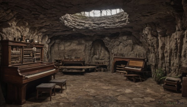 indoors,no humans,window,chair,table,plant,scenery,stairs,potted plant,ruins,statue,book,instrument,desk,wooden floor,paper,fantasy,piano,treasure chest,wood,grand piano