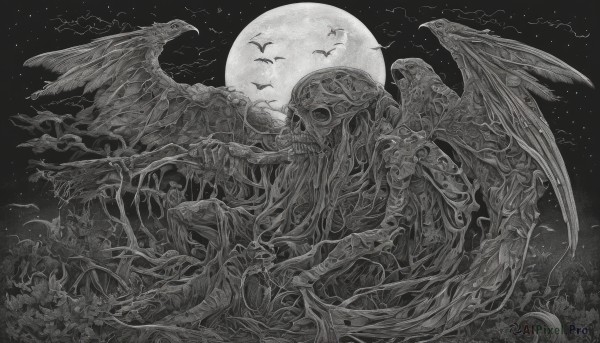 solo,monochrome,greyscale,outdoors,wings,sky,tree,no humans,night,bird,traditional media,moon,star (sky),night sky,1other,full moon,skull,monster,branch,skeleton,horror (theme),eldritch abomination,animal,plant,scenery,starry sky,flying,bat (animal)