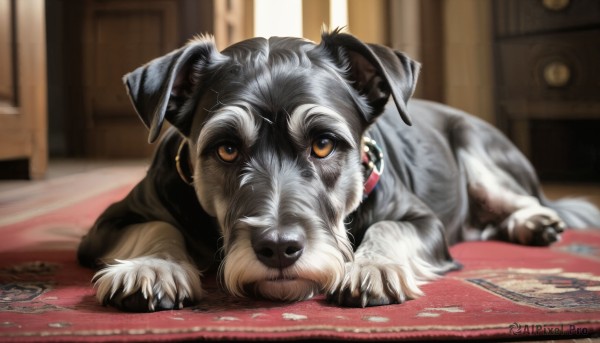 HQ,solo,looking at viewer,brown eyes,jewelry,earrings,lying,indoors,blurry,no humans,depth of field,blurry background,animal,dog,realistic,on floor,animal focus,carpet,rug,orange eyes,watermark,on stomach,blanket