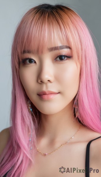 1girl,solo,long hair,breasts,looking at viewer,smile,bangs,blue eyes,simple background,cleavage,jewelry,closed mouth,collarbone,upper body,pink hair,multicolored hair,earrings,blunt bangs,grey background,necklace,black eyes,two-tone hair,lips,eyelashes,gradient hair,makeup,thick eyebrows,portrait,eyeshadow,realistic,nose,brown hair