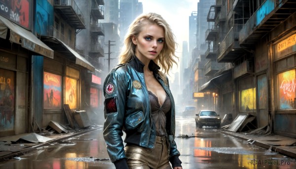 HQ,1girl,solo,long hair,breasts,looking at viewer,blue eyes,blonde hair,shirt,long sleeves,cleavage,medium breasts,standing,jacket,cowboy shot,outdoors,parted lips,open clothes,belt,pants,open jacket,lips,makeup,denim,blue jacket,ground vehicle,building,motor vehicle,jeans,city,sign,realistic,nose,car,road,cityscape,badge,street,skyscraper,denim jacket,android 18,jewelry,earrings,sky,day,signature,torn clothes,eyelashes,lipstick,reflection,rain,emblem,unzipped,dirty,leather jacket