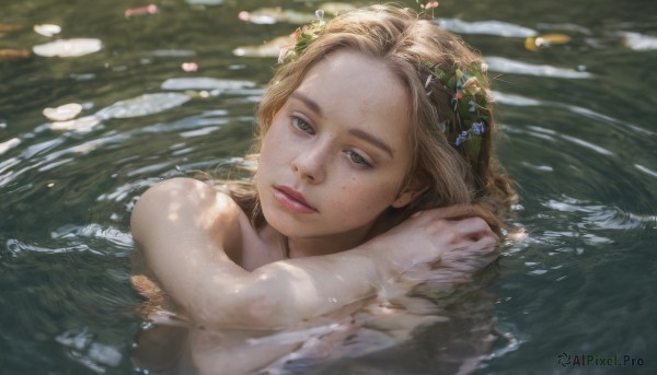 1girl, solo, long hair, looking at viewer, blonde hair, hair ornament, upper body, nude, parted lips, water, lips, crossed arms, partially submerged, freckles, realistic, nose